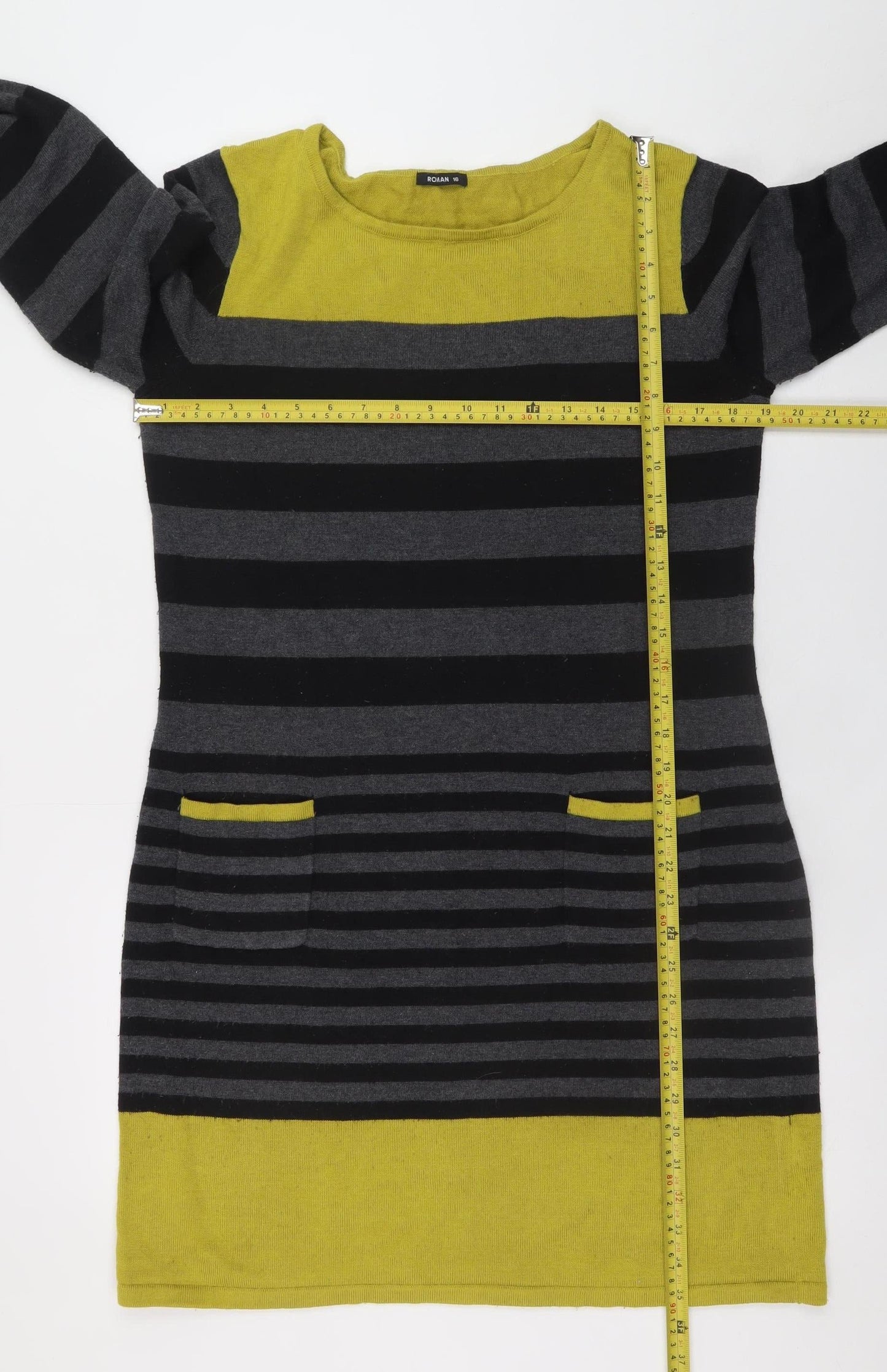 Roman Women’s Black Grey Yellow Striped Shift Knit Dress Size 16