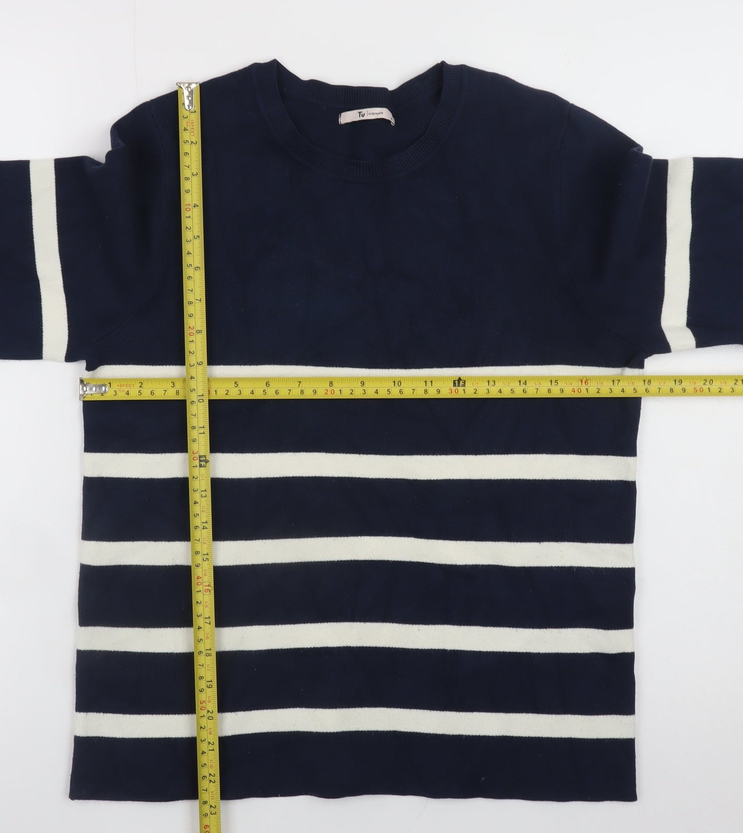 Tu Women Blue White Striped Crew Neck Long Sleeve Jumper Size 8