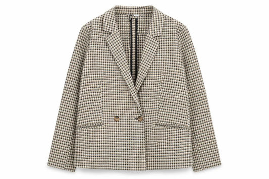 H&M Women Beige Check Blazer Jacket Size S Classic Mid-Length