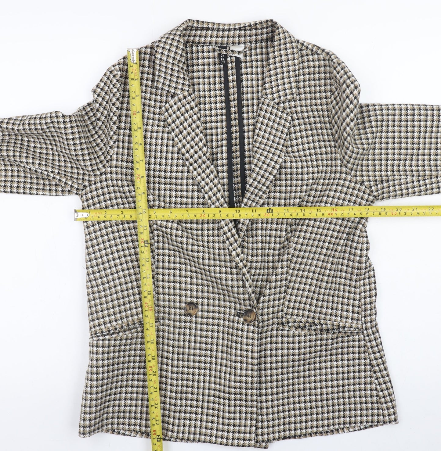 H&M Women Beige Check Blazer Jacket Size S Classic Mid-Length