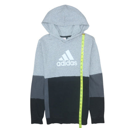 Close-up detail of Adidas boys’ grey colourblock pullover hoodie 14 years