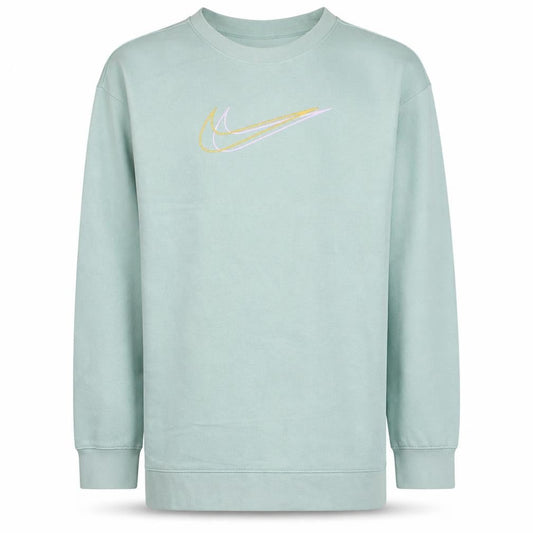 Front view of Nike girls’ green logo sweatshirt, size 146, regular fit crew neck