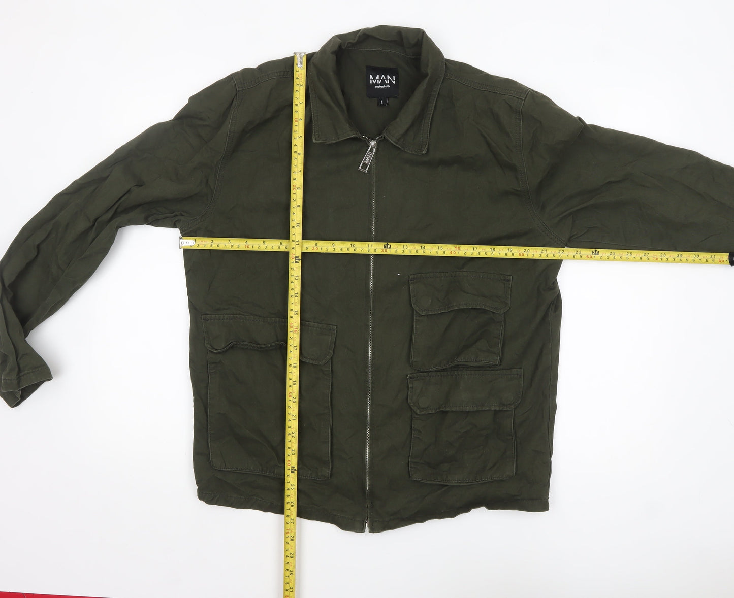boohooMAN Men's Green Cotton Military Jacket L Regular Zip Pockets
