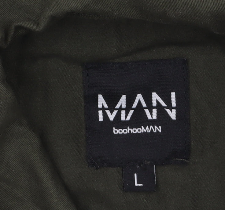 boohooMAN Men's Green Cotton Military Jacket L Regular Zip Pockets