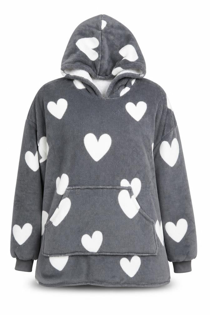 Dreamscene Women Grey Heart Fleece Hooded Robe OHS One Size