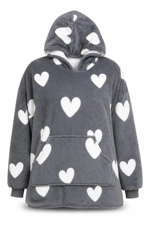 Dreamscene Women Grey Heart Fleece Hooded Robe OHS One Size