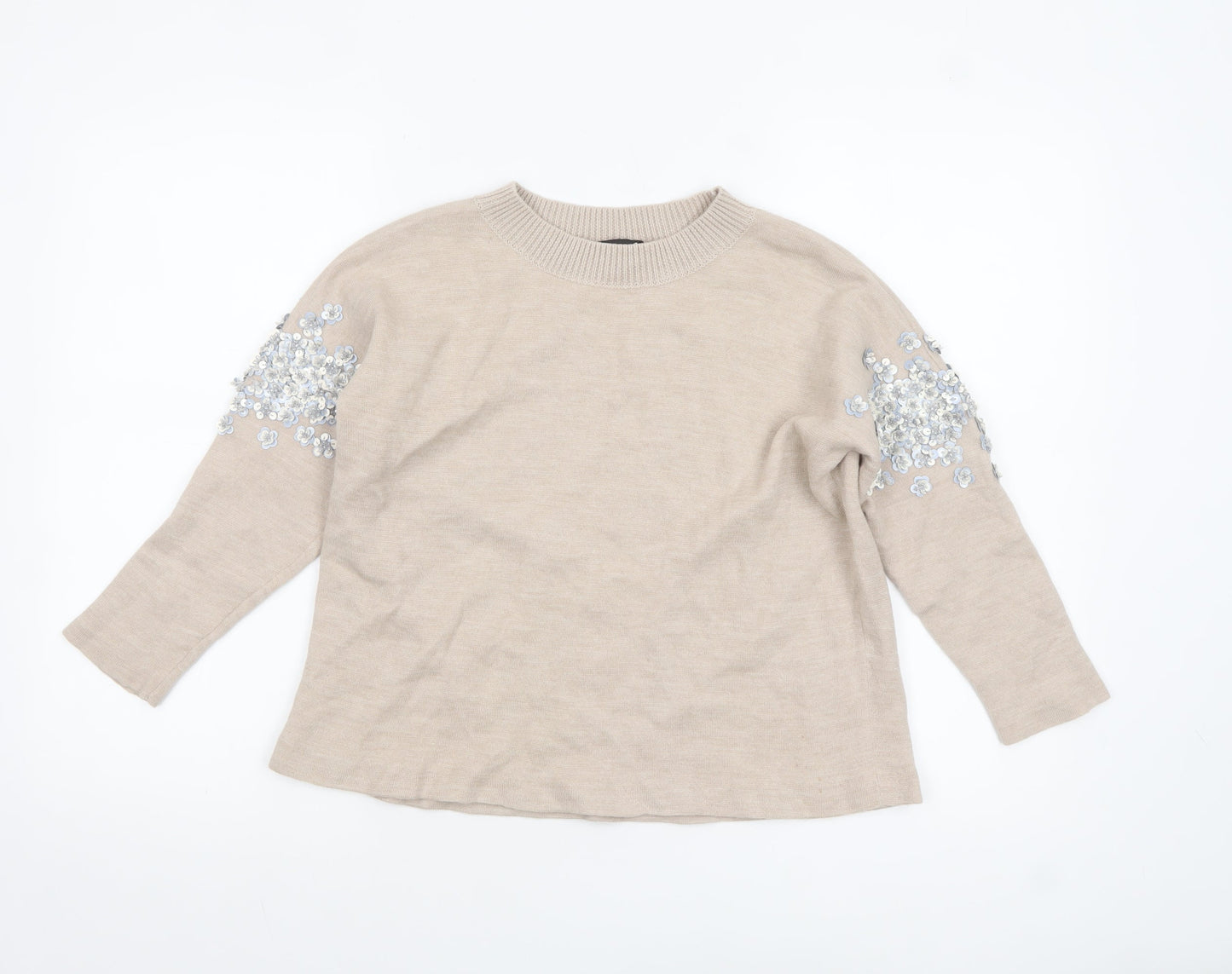 J.Crew Women's Beige Sequin Embellished Crew Neck Wool Blend Jumper Size S