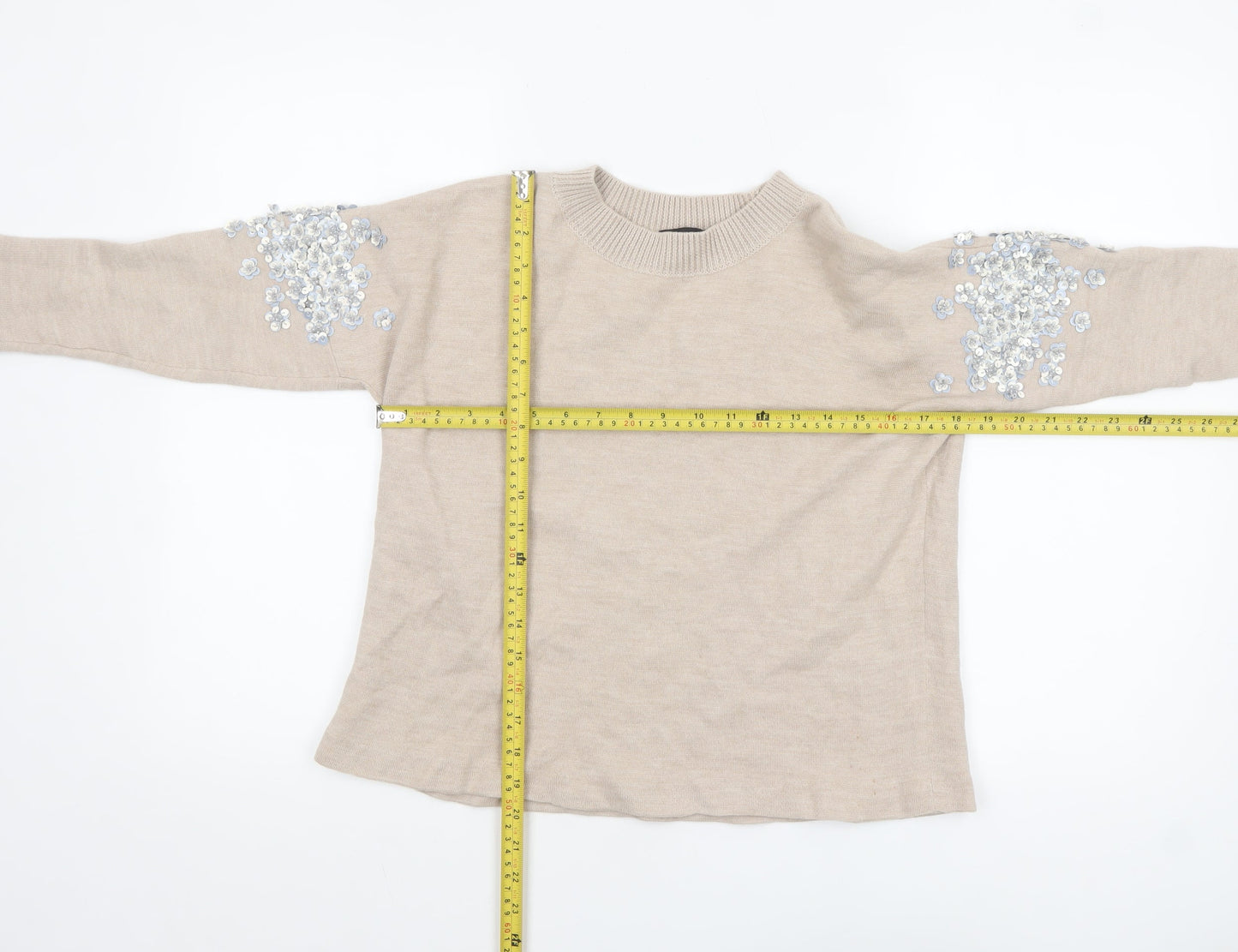 J.Crew Women's Beige Sequin Embellished Crew Neck Wool Blend Jumper Size S