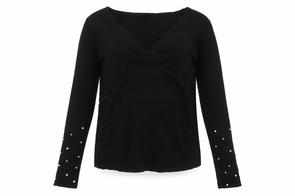 Zara Women Black Viscose Beaded Sleeve V-Neck Jumper Size S