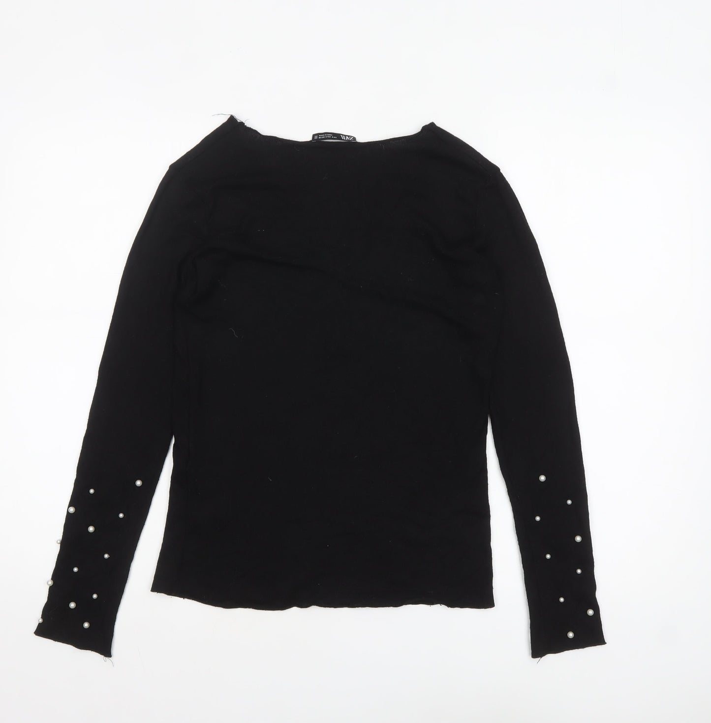 Zara Women Black Viscose Beaded Sleeve V-Neck Jumper Size S