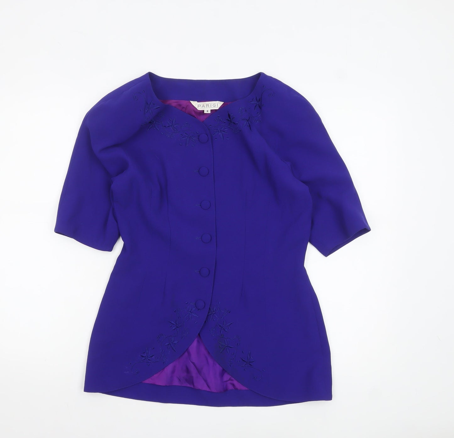 Parigi Womens Purple Suit Top Blazer Size 8 Short Sleeve embroidered