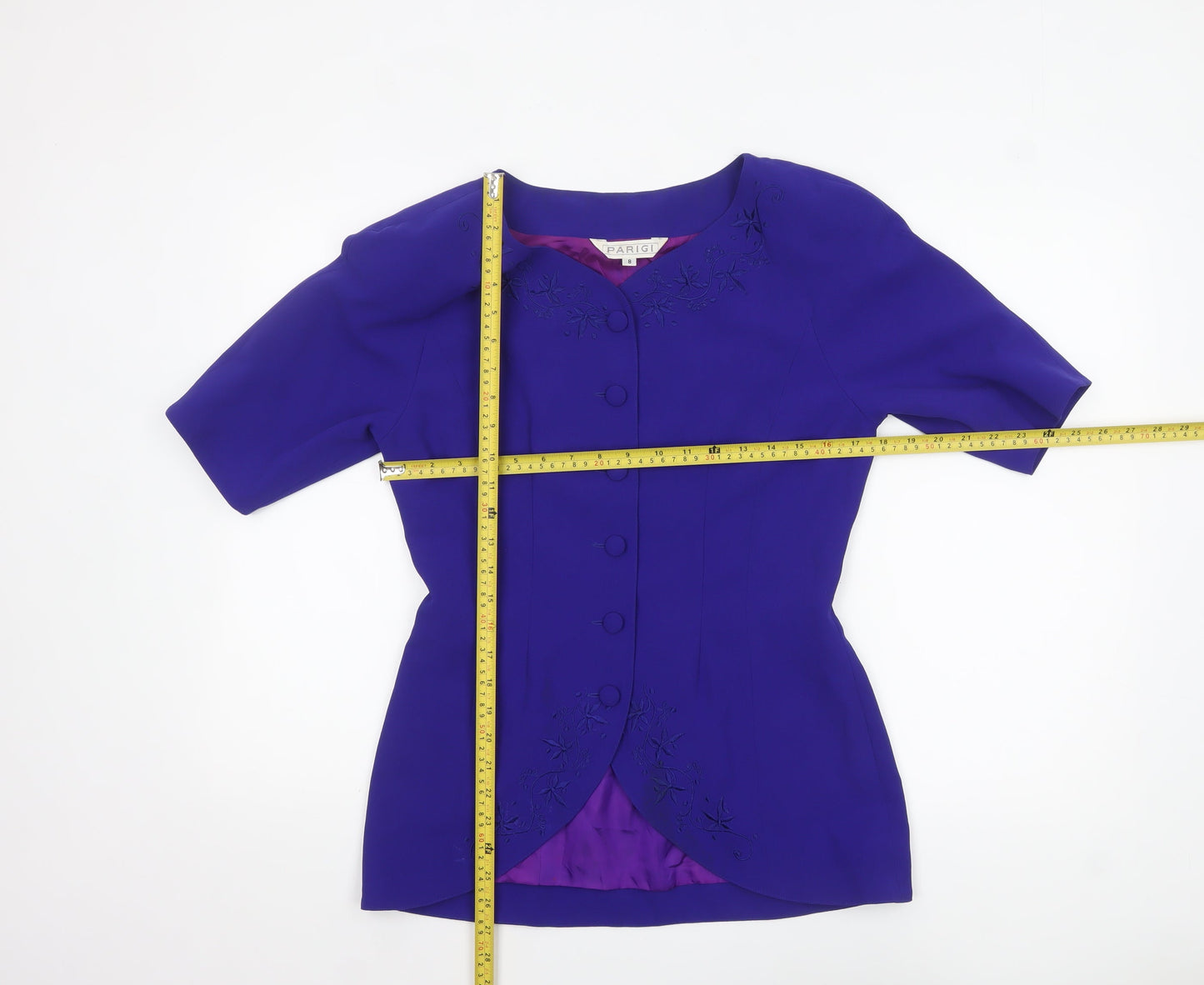 Parigi Womens Purple Suit Top Blazer Size 8 Short Sleeve embroidered