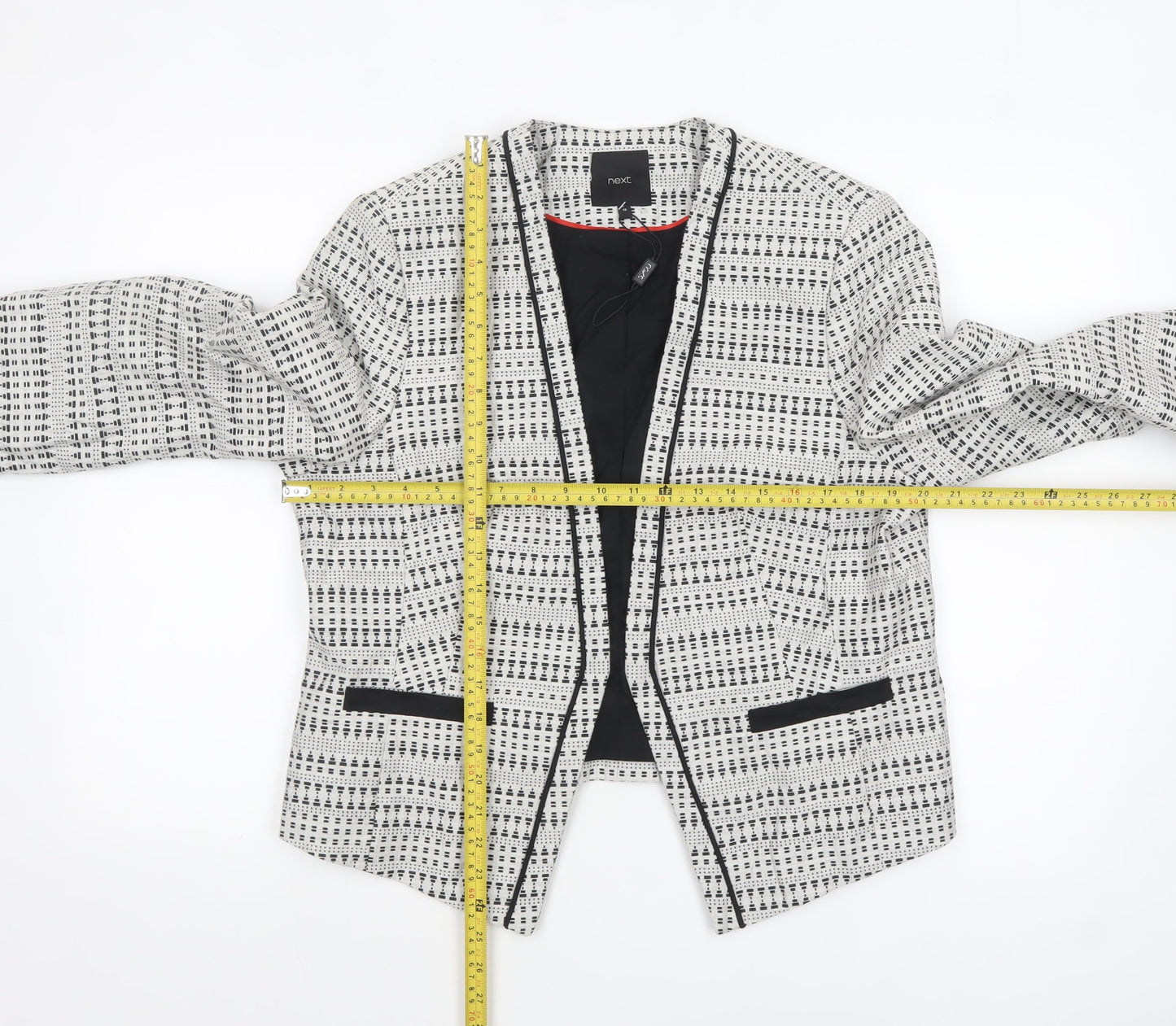 Next Women White Geometric Blazer Size 18 Regular Fit Lined