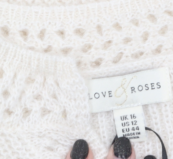 Love & Roses Women’s Ivory V-Neck Cable-Knit Jumper Size 16
