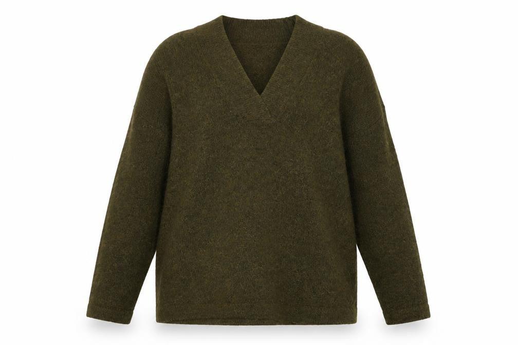 ICHI Women Green V-Neck Long Sleeve Pullover Jumper Size L