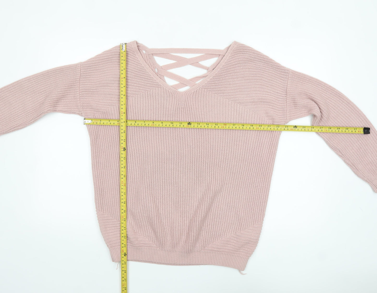 Next Womens Pink Acrylic V-Neck Lace Up Chunky Knit Jumper Size 10