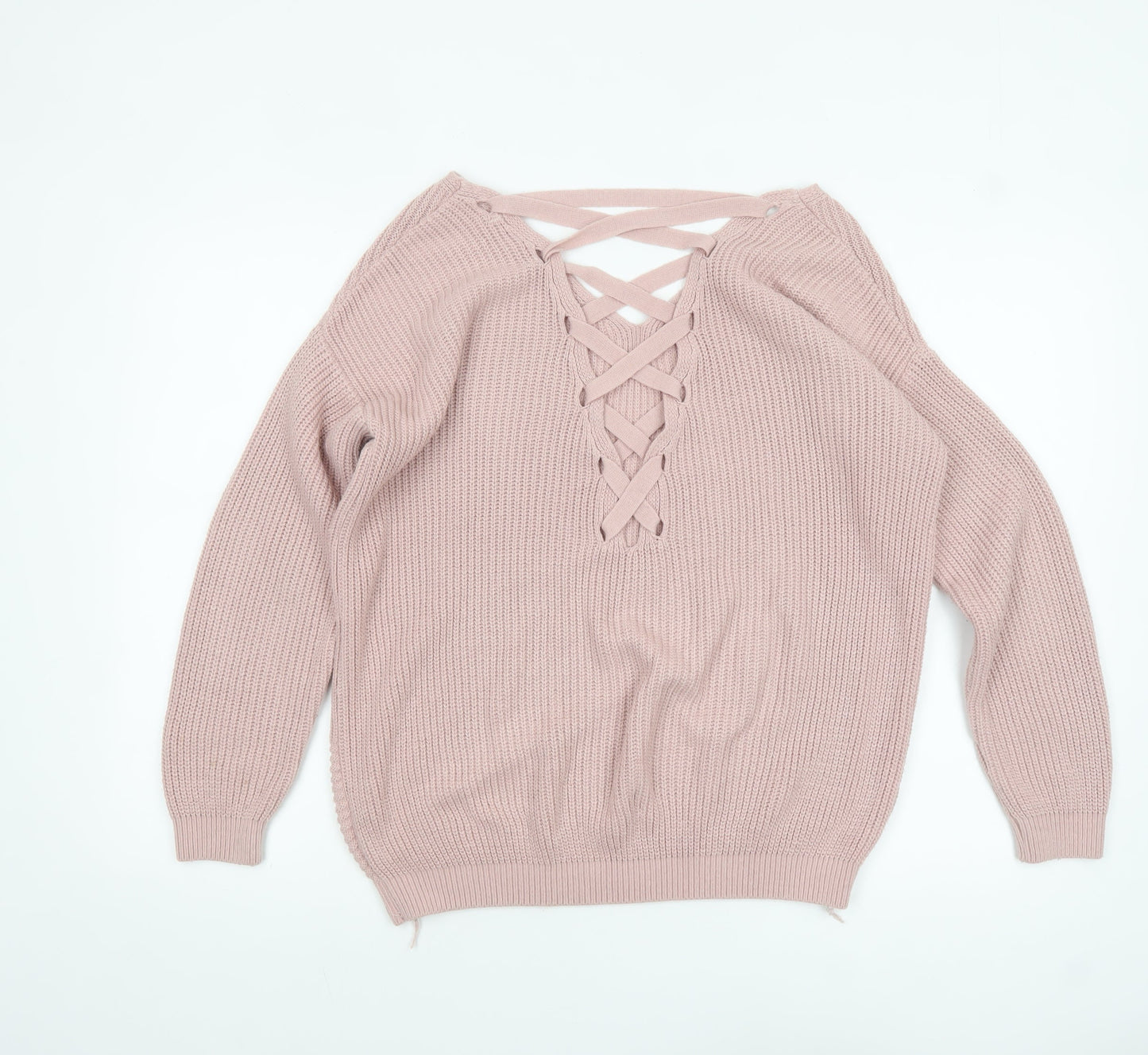 Next Womens Pink Acrylic V-Neck Lace Up Chunky Knit Jumper Size 10
