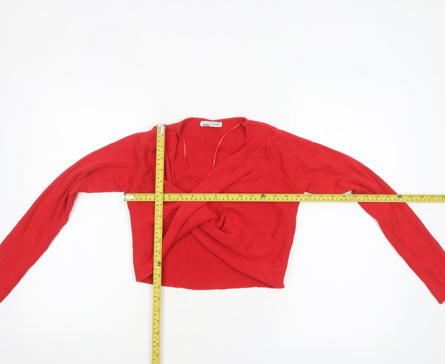 Pull&Bear Women Red Cropped V-Neck Long Sleeve Knit Top Size L
