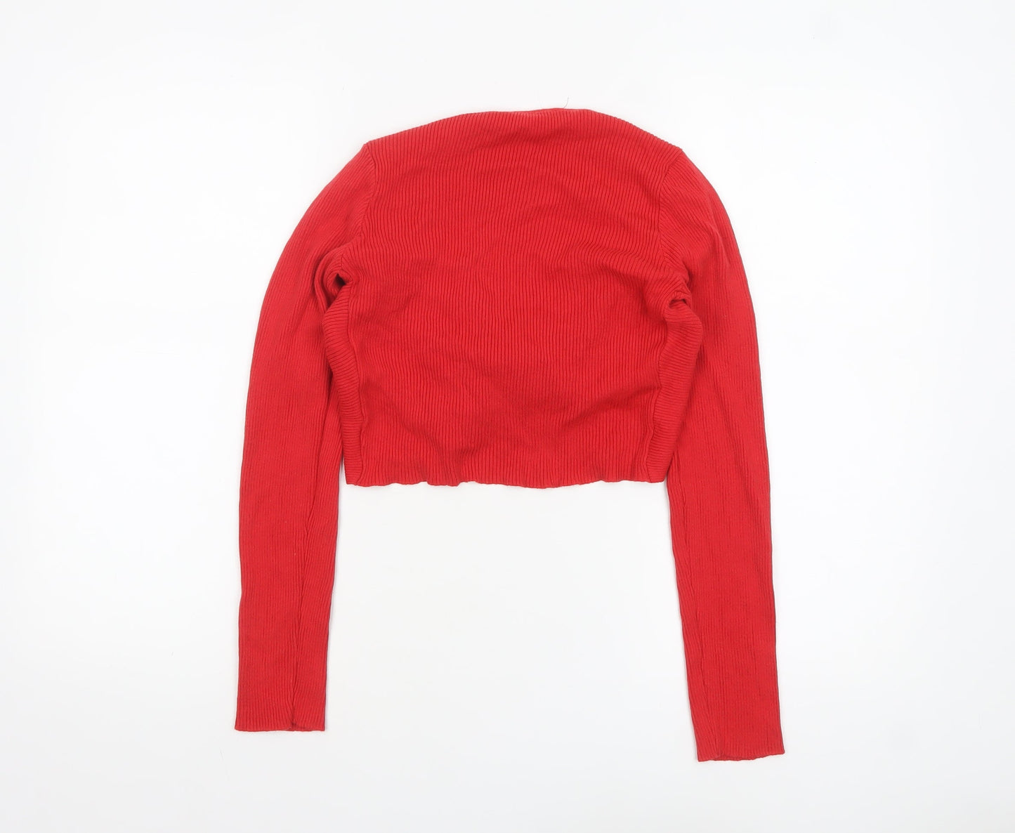 Pull&Bear Women Red Cropped V-Neck Long Sleeve Knit Top Size L