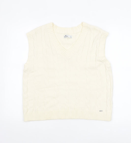 Hollister Women Ivory Cable-Knit Cotton Sleeveless V-Neck Vest S