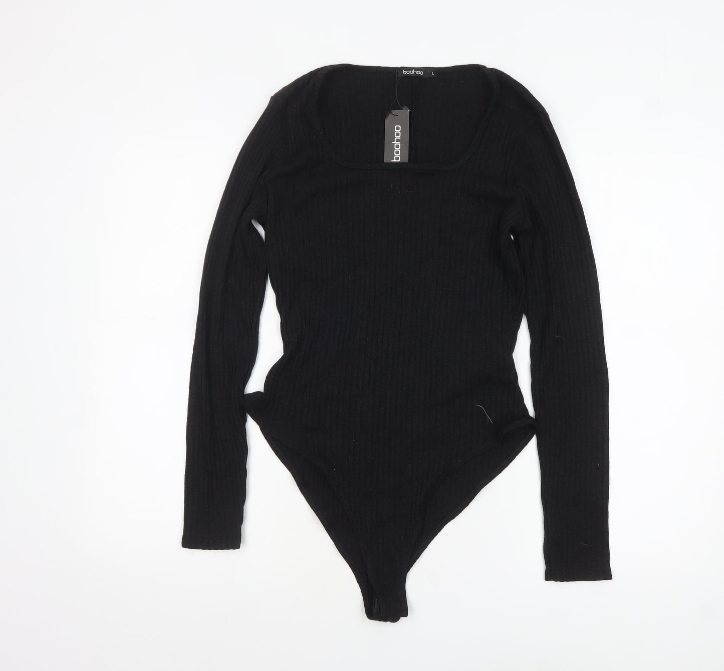 boohoo Women's Black Long Sleeve Ribbed Knit Bodysuit Size L