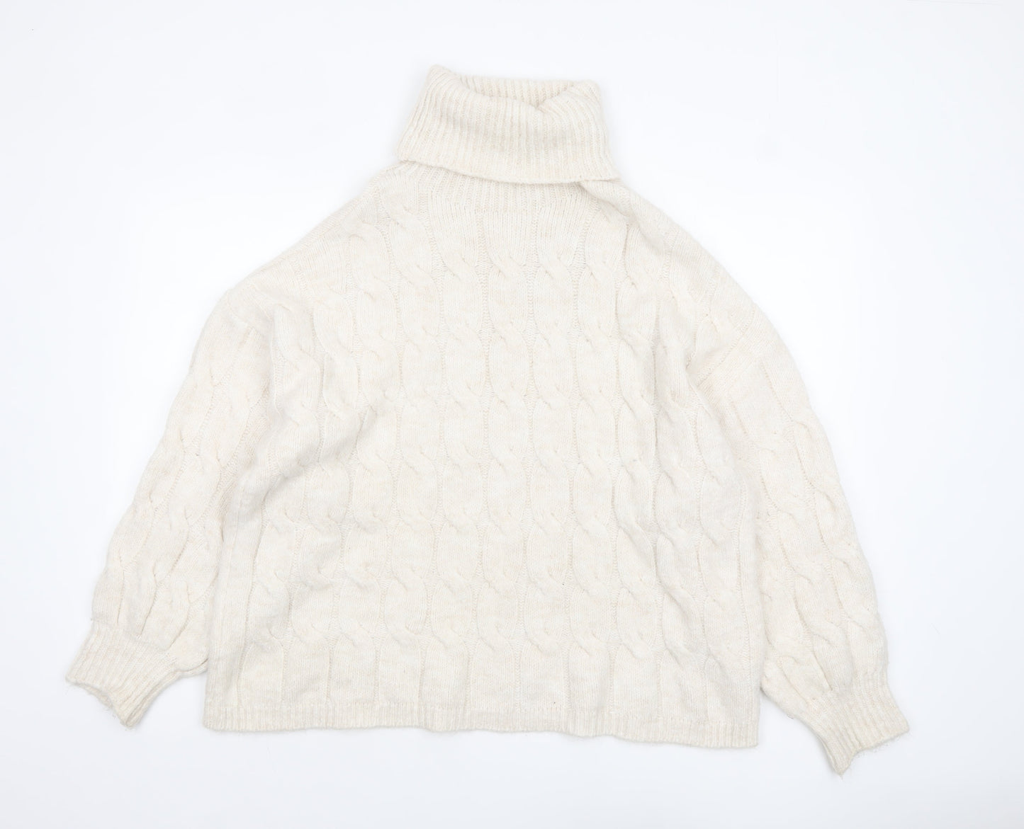 Stradivarius Women Ivory Cable-Knit Roll Neck Jumper Size 12