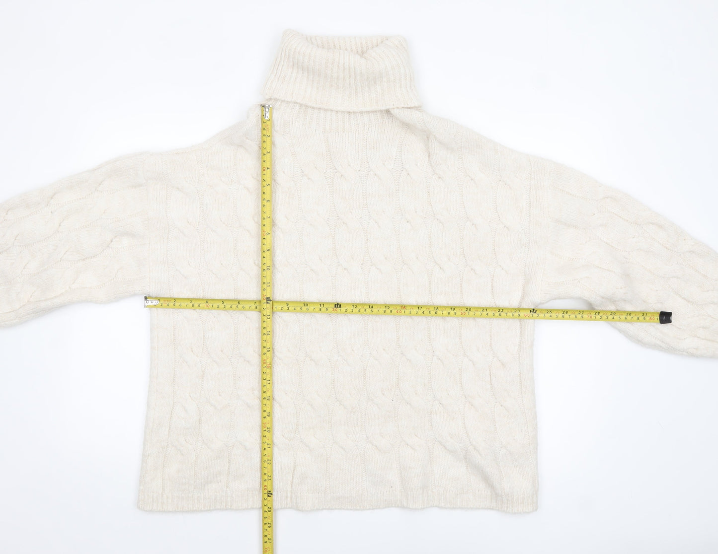 Stradivarius Women Ivory Cable-Knit Roll Neck Jumper Size 12