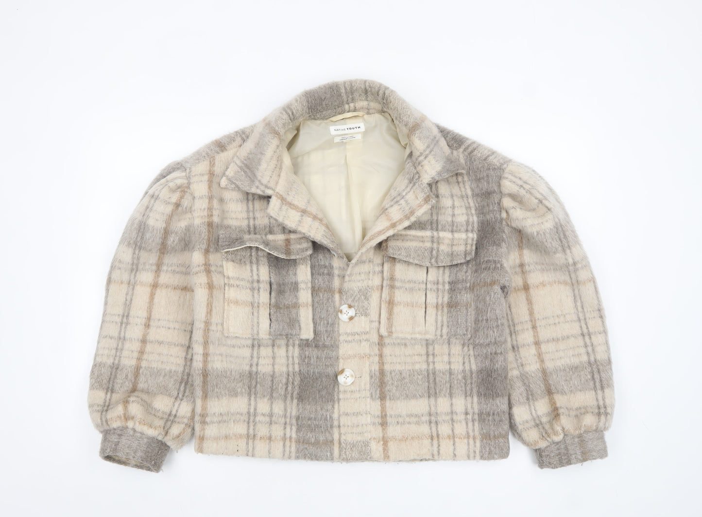 Native Youth Women Beige Checked Wool Cropped Bomber Jacket XS