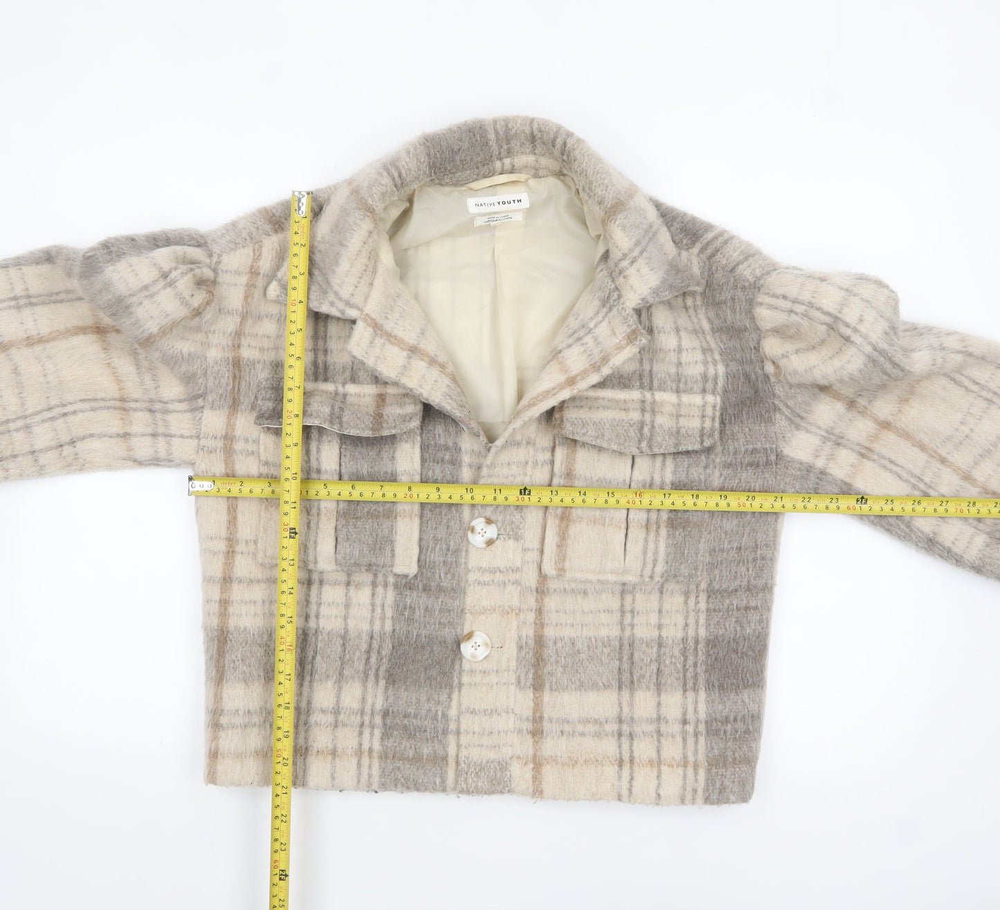 Native Youth Women Beige Checked Wool Cropped Bomber Jacket XS