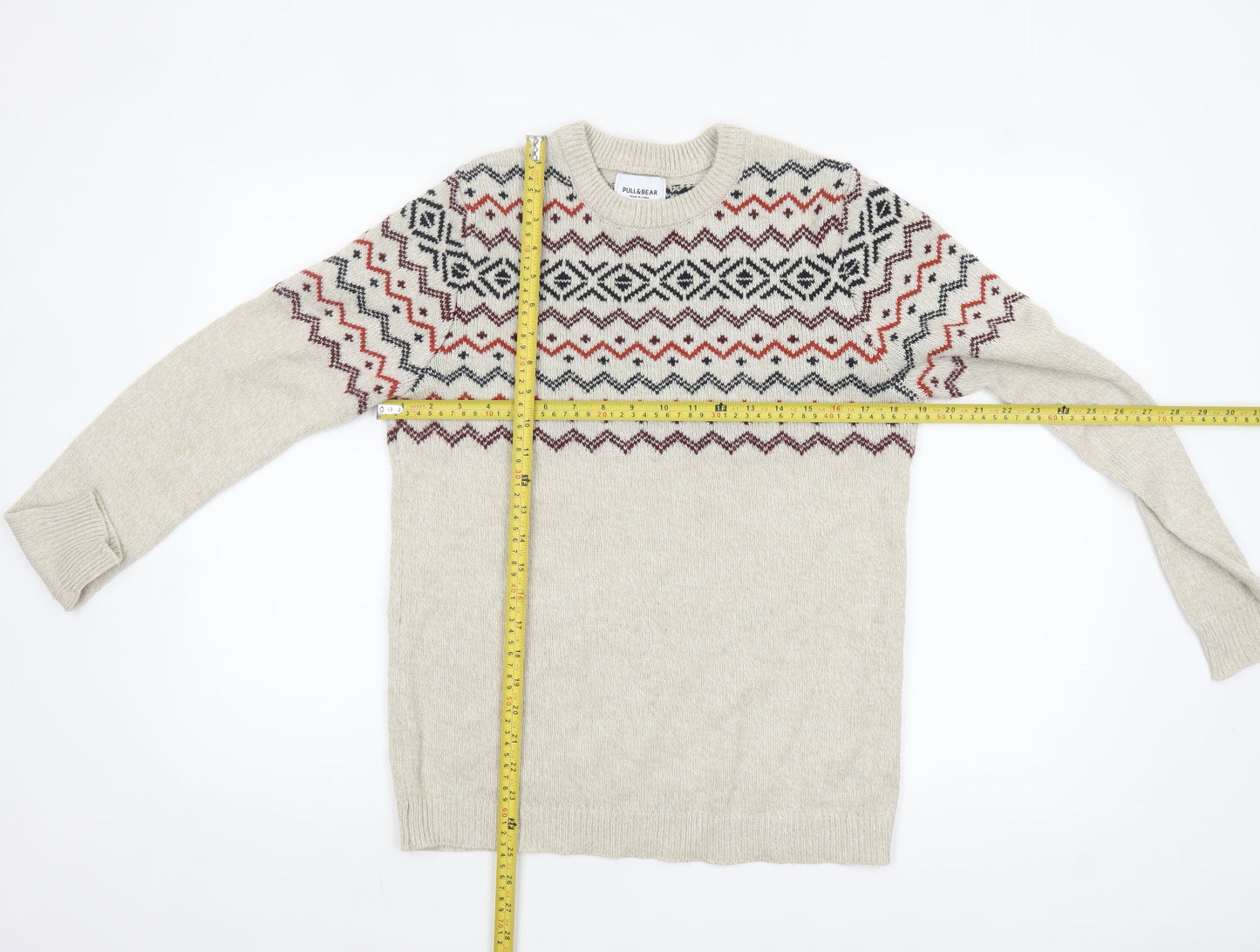 Pull&Bear Men's Beige Fair Isle Knit Jumper Size S