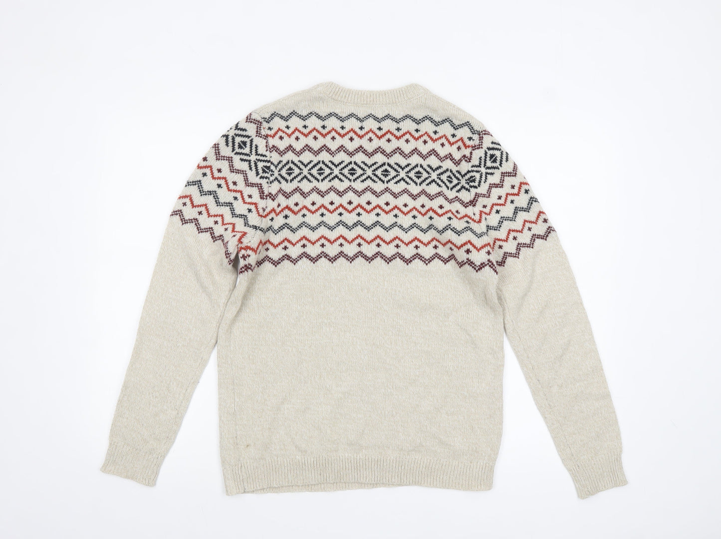Pull&Bear Men's Beige Fair Isle Knit Jumper Size S