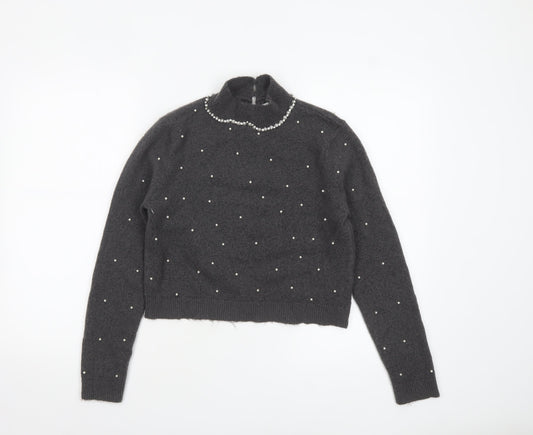 Zara Women Grey Beaded Mock Neck Long Sleeve Knit Jumper S