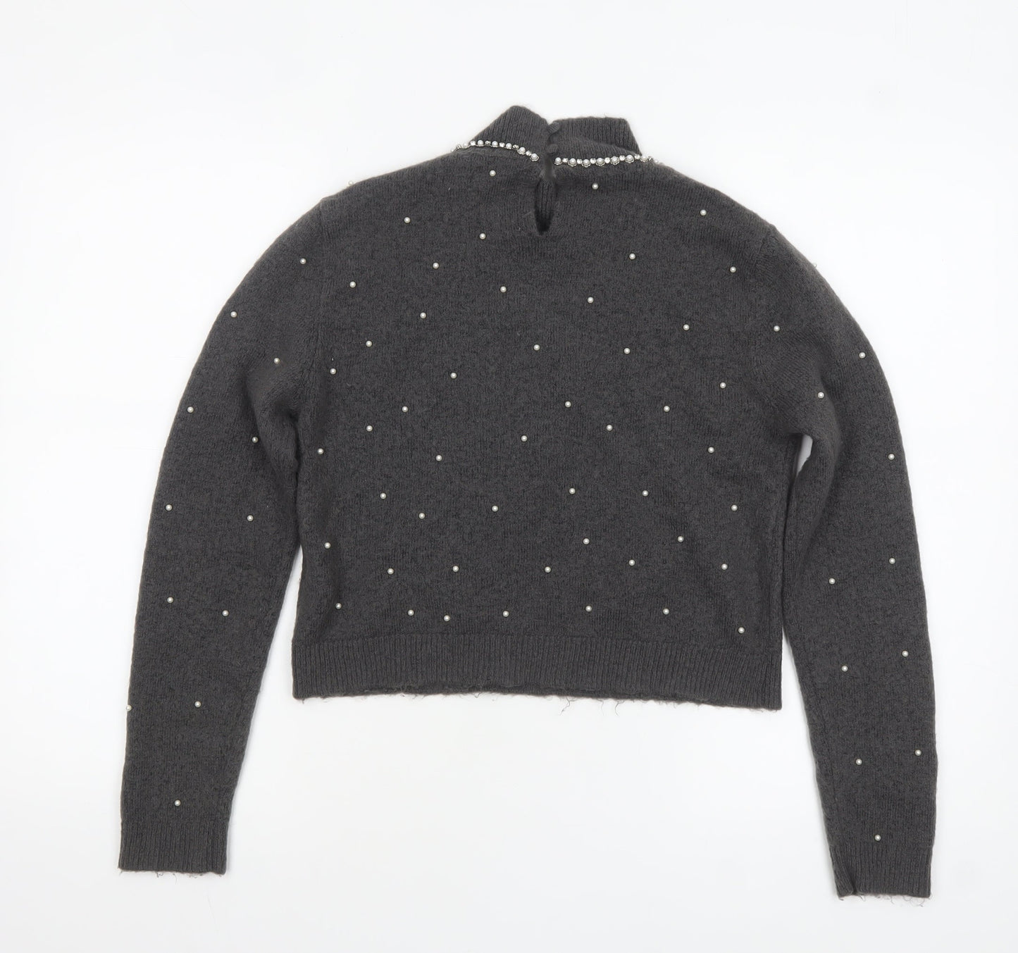 Zara Women Grey Beaded Mock Neck Long Sleeve Knit Jumper S