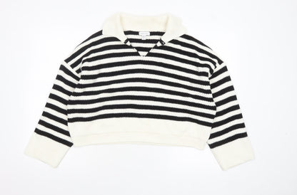 Topshop Women's Black White Striped Collared Knit Jumper Size S