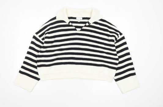 Topshop Women's Black White Striped Collared Knit Jumper Size S