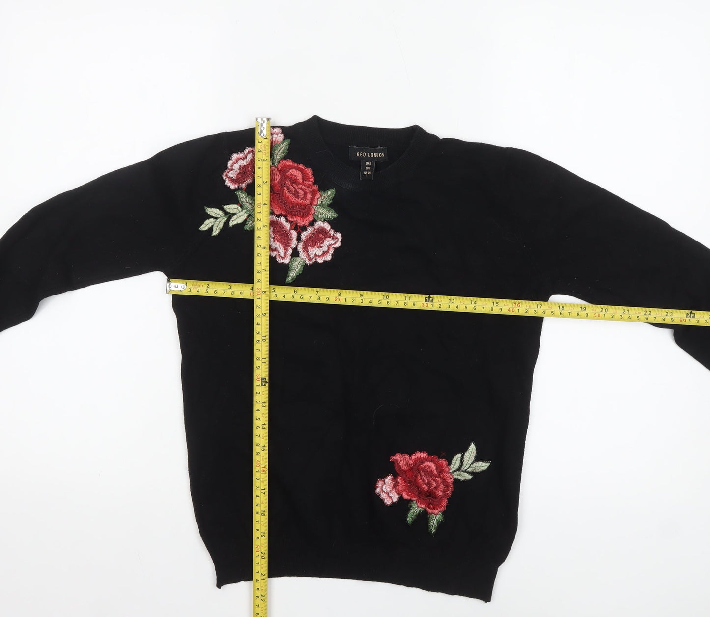 QED London Women's Black Floral Embroidered Knit Jumper Size S