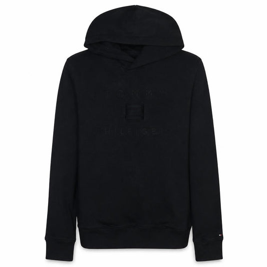 Front view of Tommy Hilfiger boys’ black hoodie, size 164, cotton blend pullover