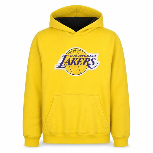 Front view of NBA boys’ yellow los angeles lakers pullover hoodie, size 14-15, years