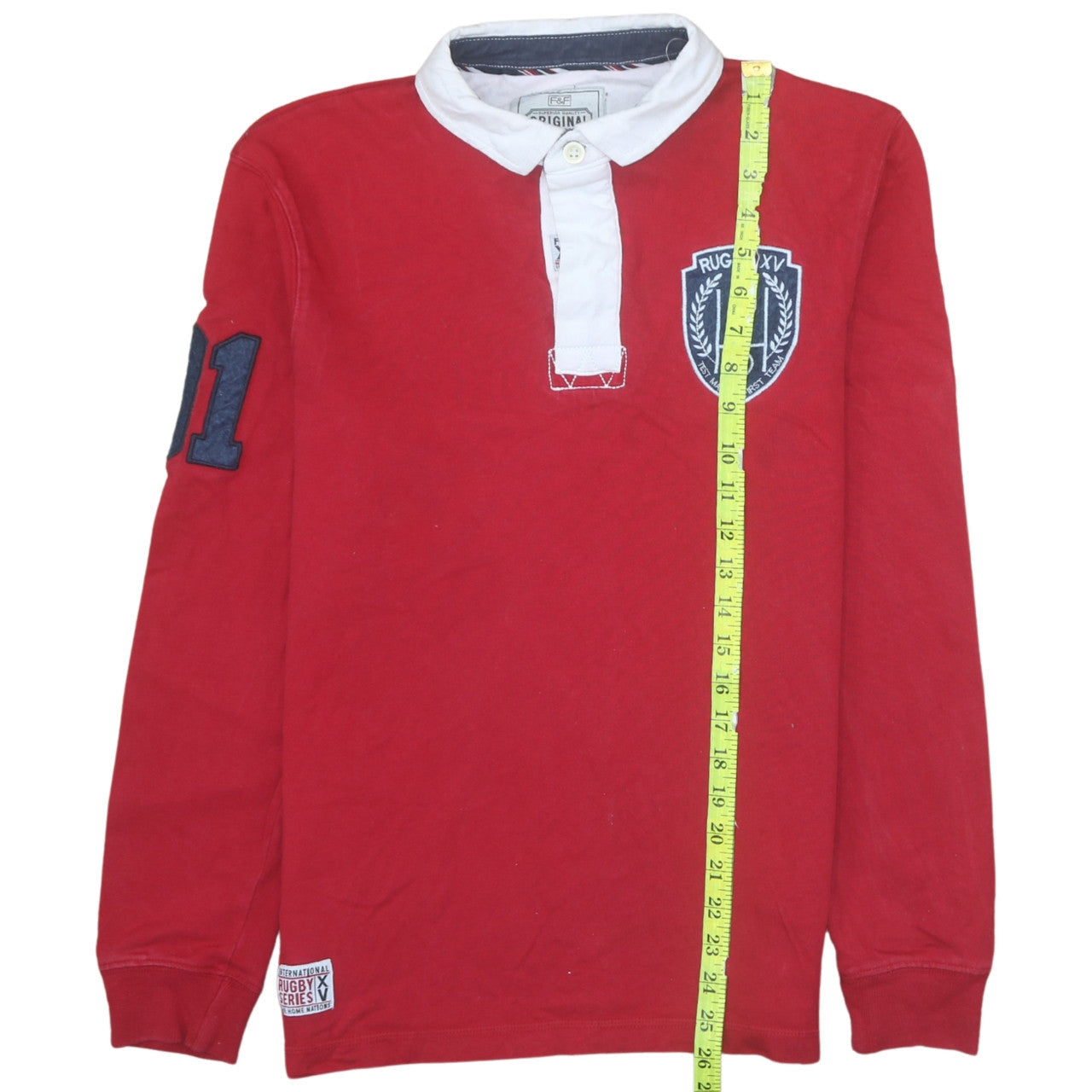 F&F Men's Red Rugby Long Sleeve Polo Shirt Size S