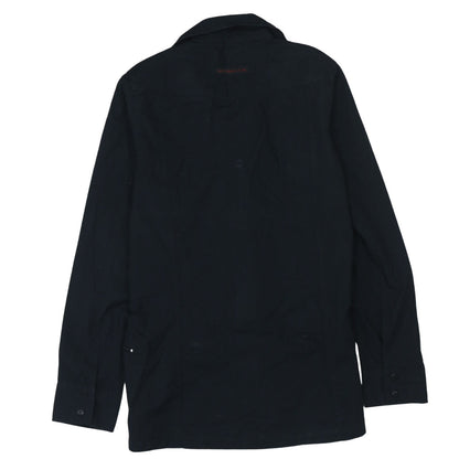 Brand and care label for Levi's girls’ black cotton full zip mid-length jacket, size L