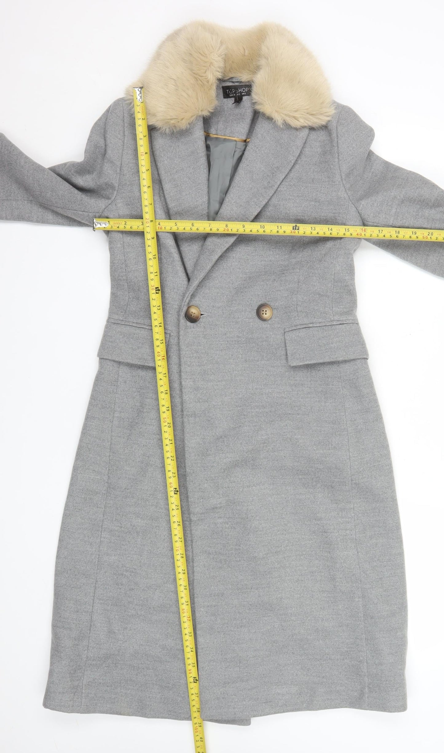 Topshop Womens Grey Faux Fur Collar Long Coat Size 6