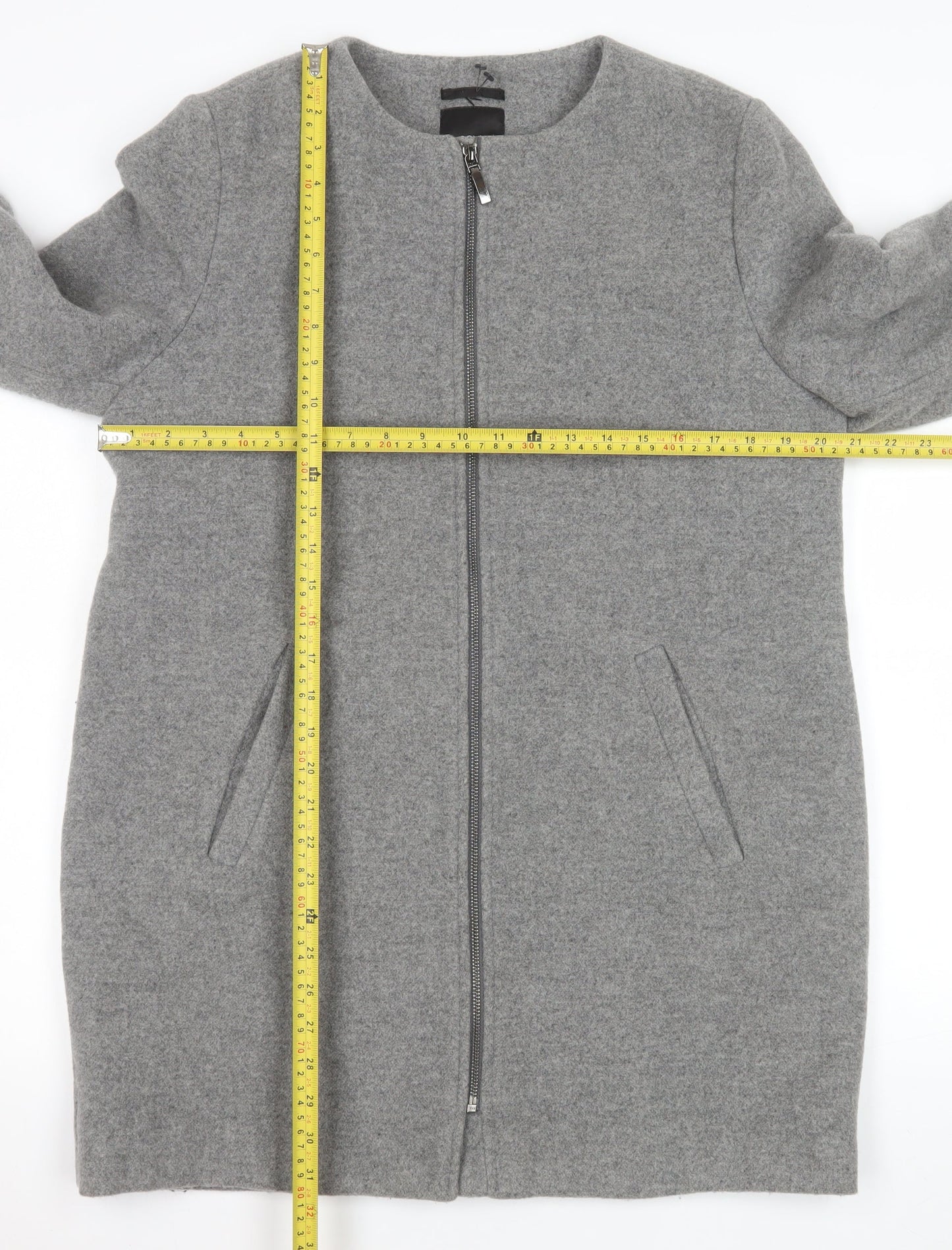 Next Women Grey Wool Blend Zip Front Mid-Length Coat Size 14
