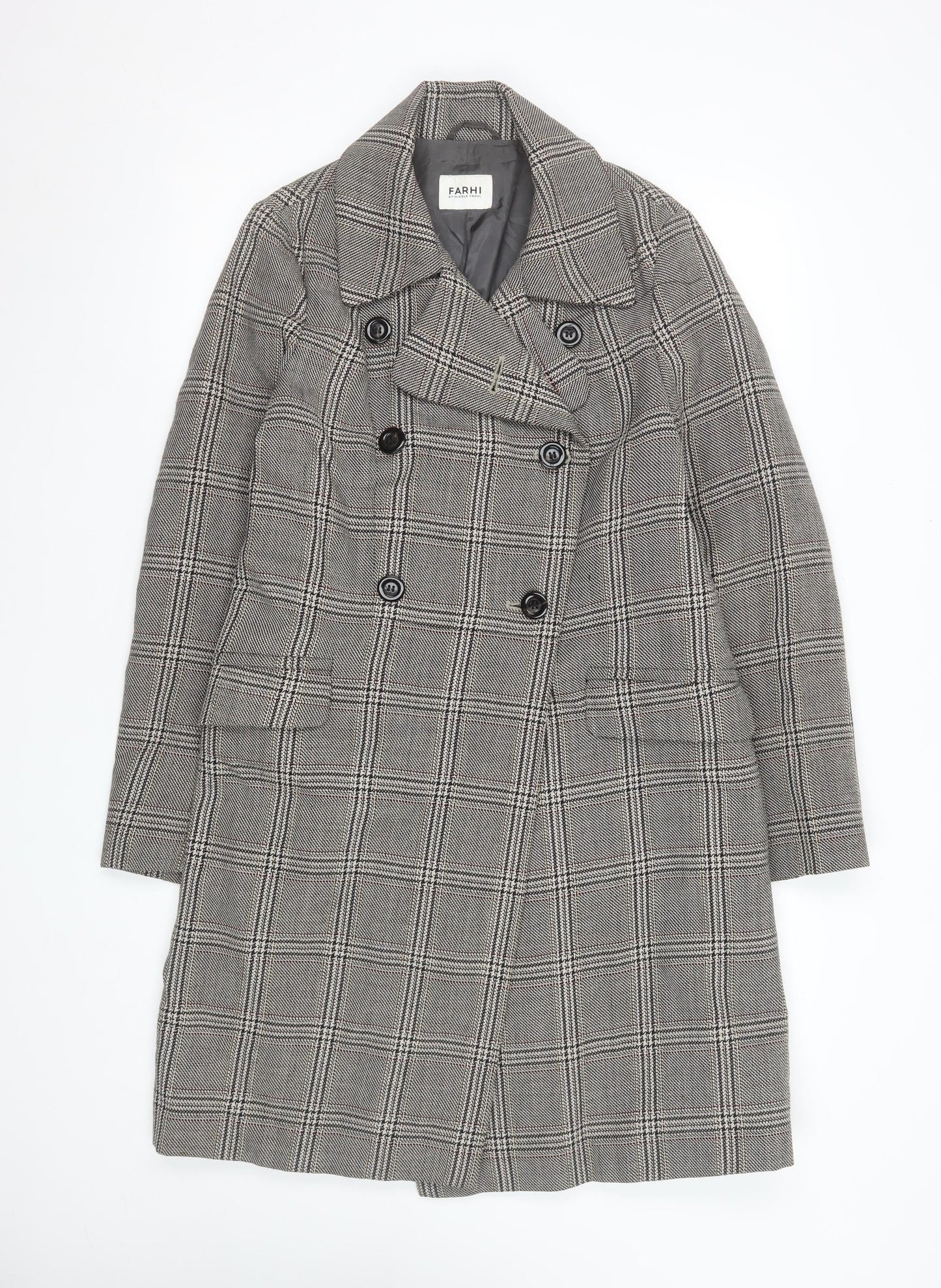Farhi by Nicole Farhi Women's Grey Wool Checked Long Trench Coat Size 12