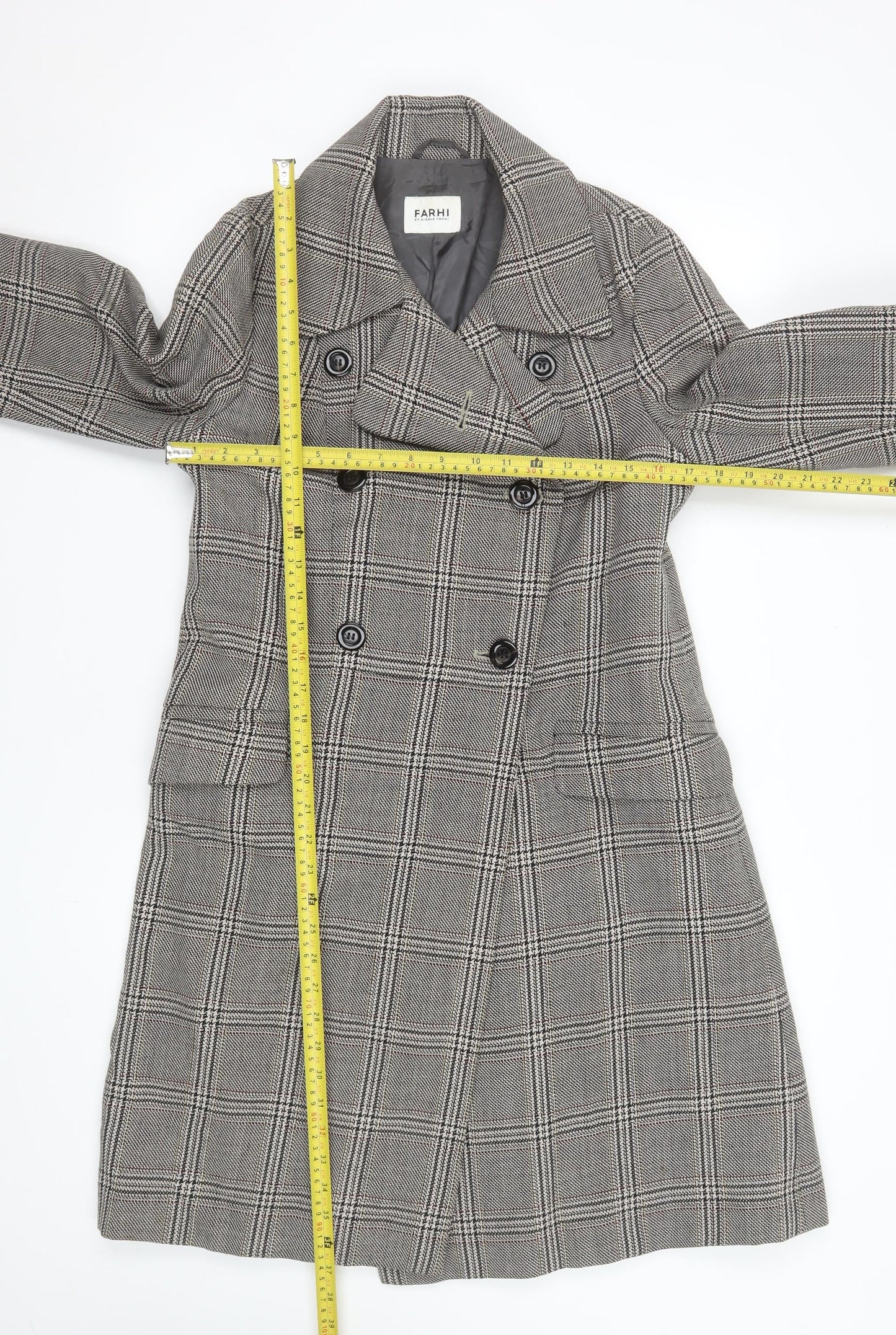 Farhi by Nicole Farhi Women's Grey Wool Checked Long Trench Coat Size 12