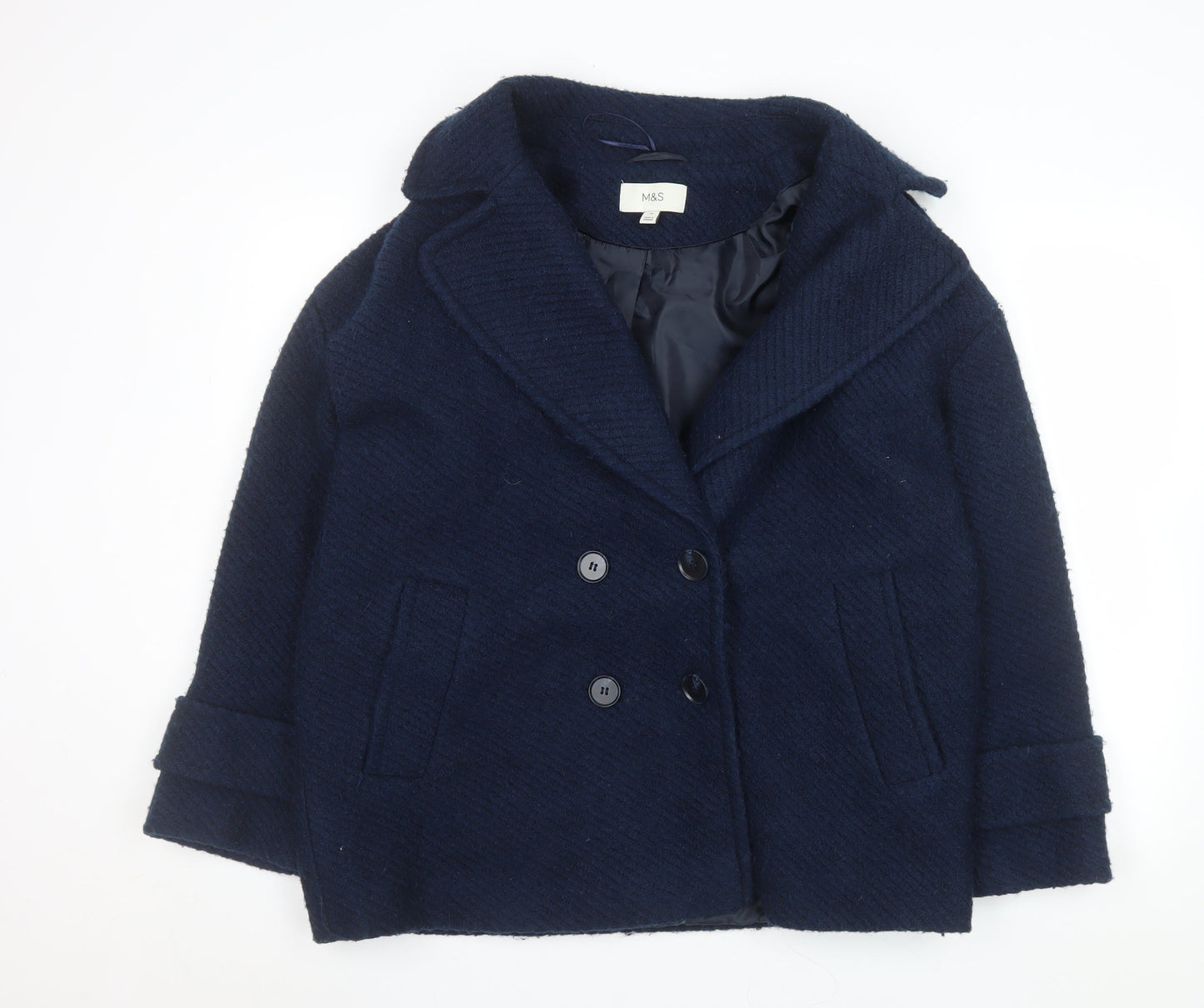 Marks and Spencer Women's Blue Wool Blend Pea Coat Size 14