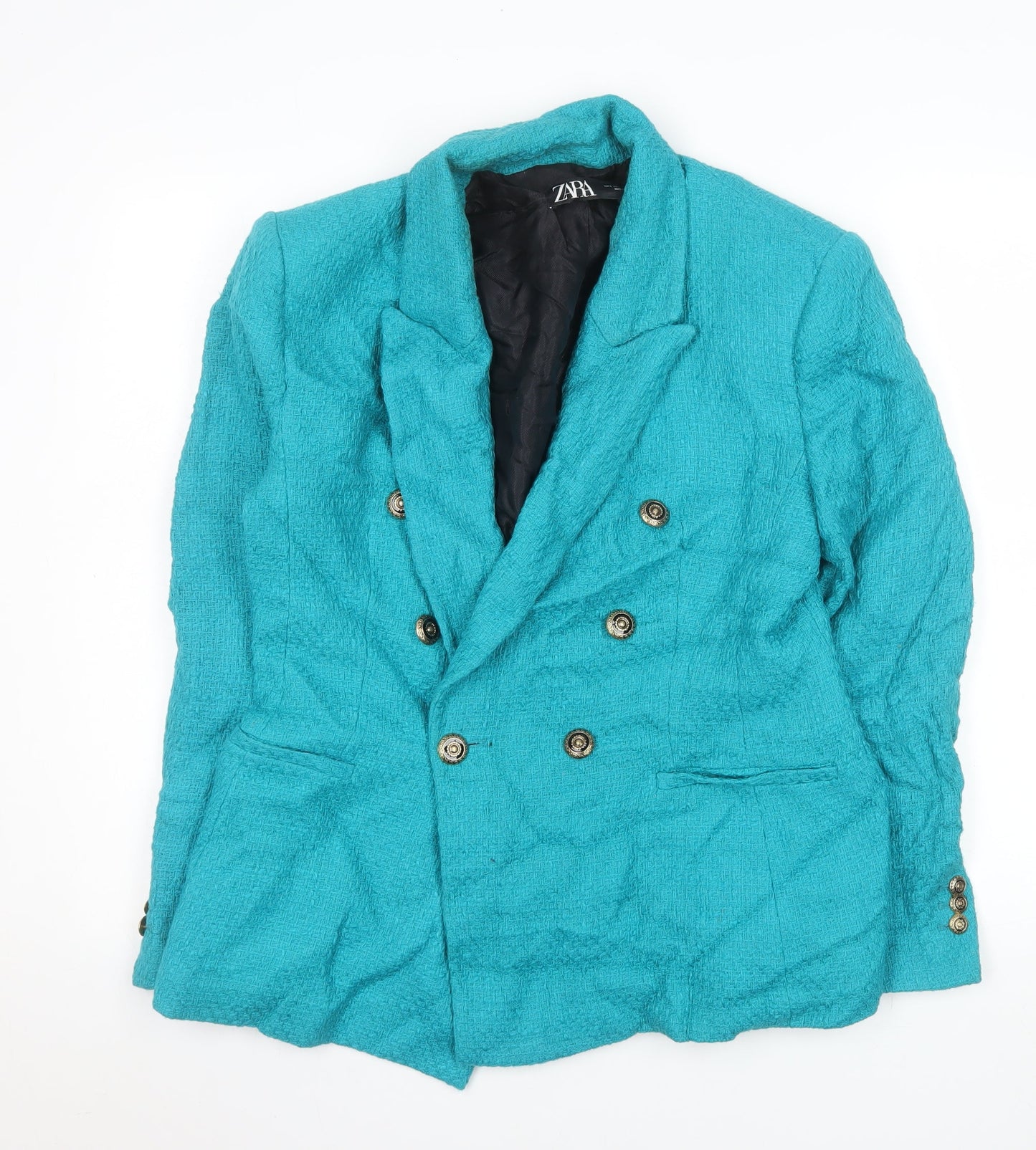 Zara Women Blue Double-Breasted Cotton Blazer Jacket Size L