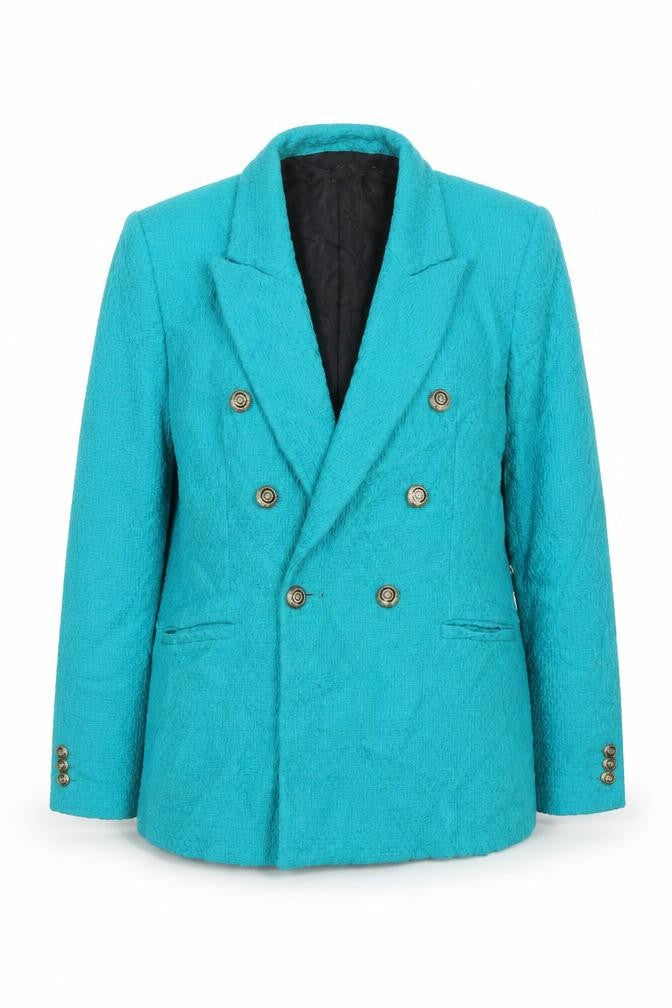 Zara Women Blue Double-Breasted Cotton Blazer Jacket Size L