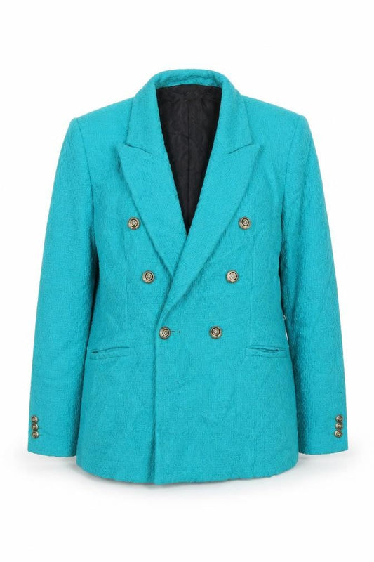 Zara Women Blue Double-Breasted Cotton Blazer Jacket Size L