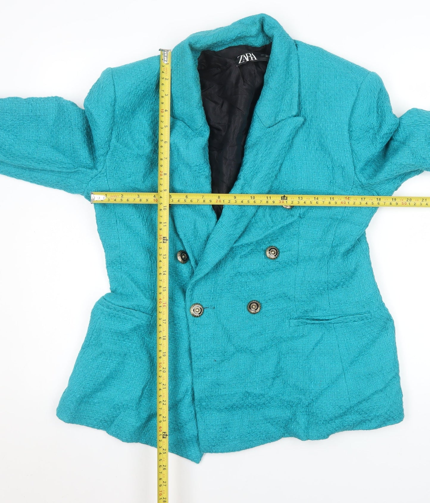 Zara Women Blue Double-Breasted Cotton Blazer Jacket Size L