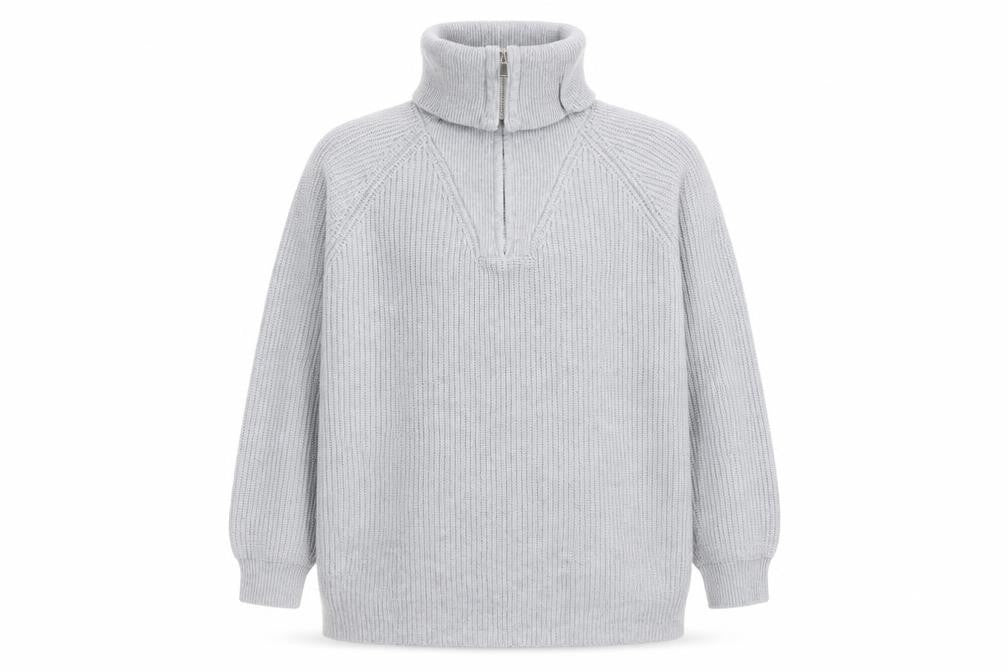 Pull & Bear Men Grey L 1/2 Zip Chunky Knit High Neck Jumper